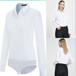 Women’s Bodysuit Blouse Button Down One-Piece Long Sleeve Office Work Shirt Lg.